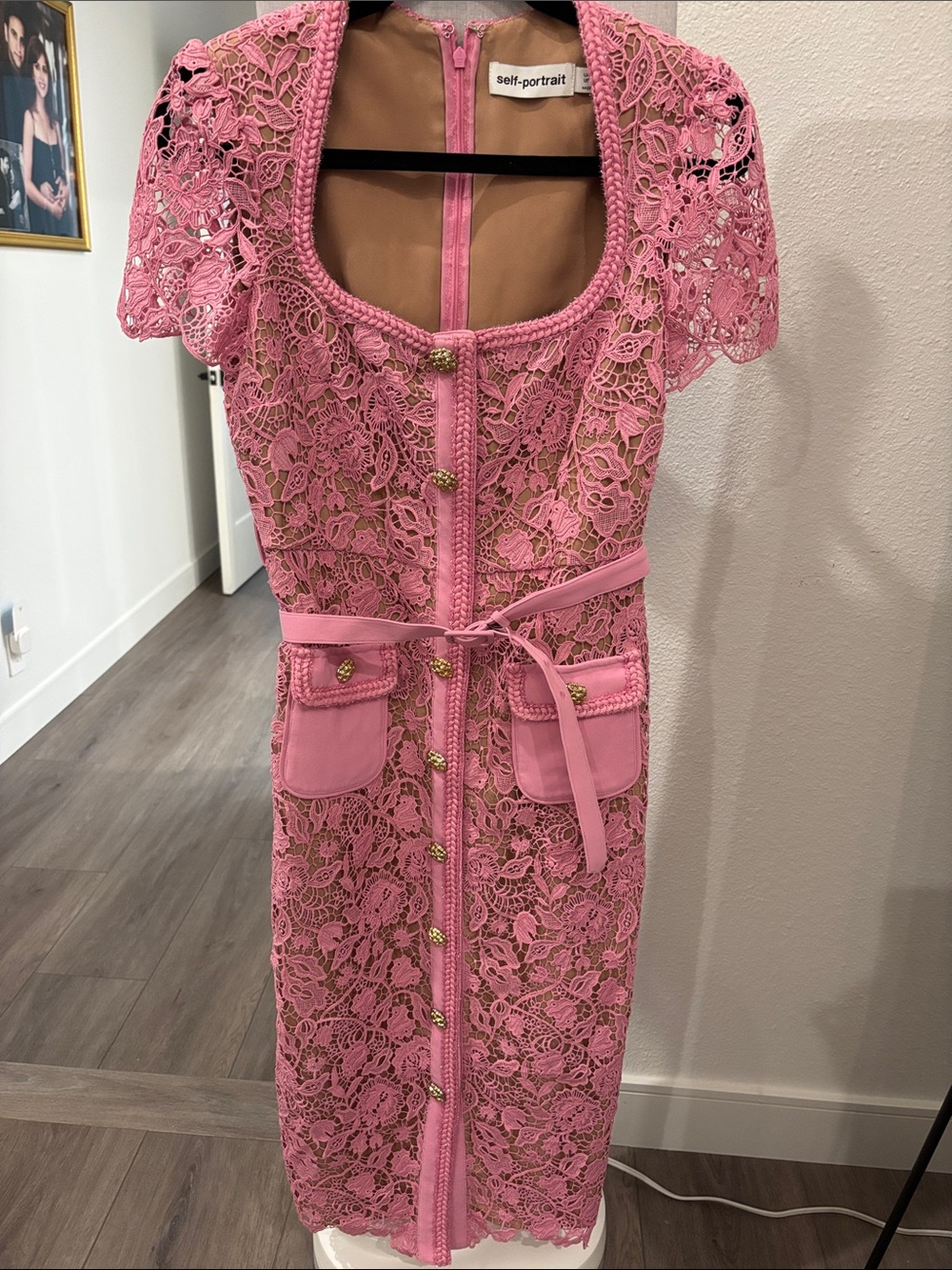 Self-Portrait Pink Floral Lace Midi Dress with Gold Buttons - Picture 1 of 5